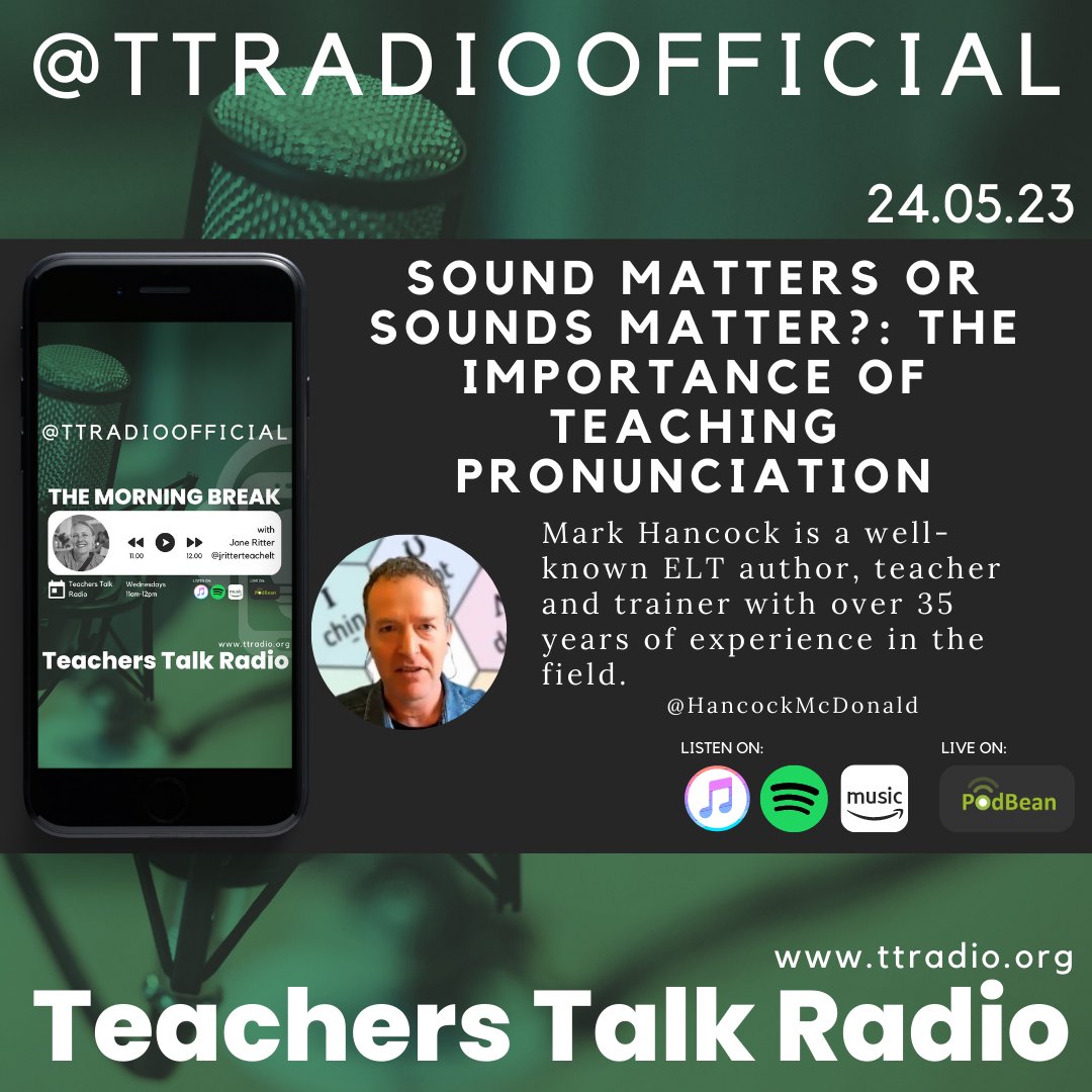 jritterteachelt's tweet photo. I'm thrilled to have Mark Hancock on my show this week to talk about teaching, training and pronunciation.
Mark is a well-known ELT author, teacher and trainer with over 35 years experience.
#teaching #training #elt #pronunciation #pronunciationtips https://t.co/o4uykevJ4P