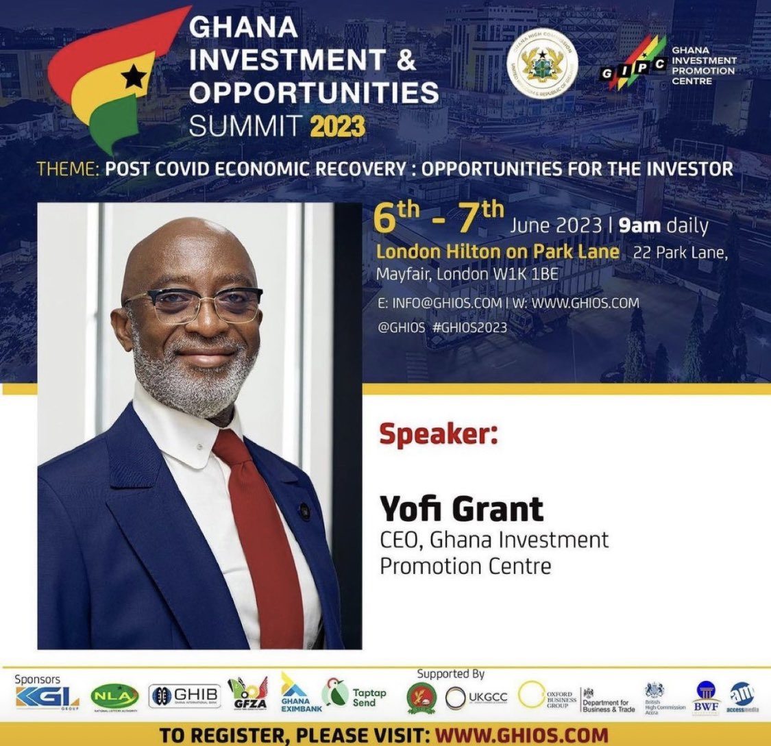 The 3rd edition of the #Ghana Investment Opportunities Summit is set to take place over two days at the London Hilton on Park Lane, on Tuesday 6th &amp; Wednesday 7th of June, 2023.

This year’s #GHIOS will have Ghana’s Vice President, H.E Mahamudu #Bawumia as its keynote speaker 1/3
