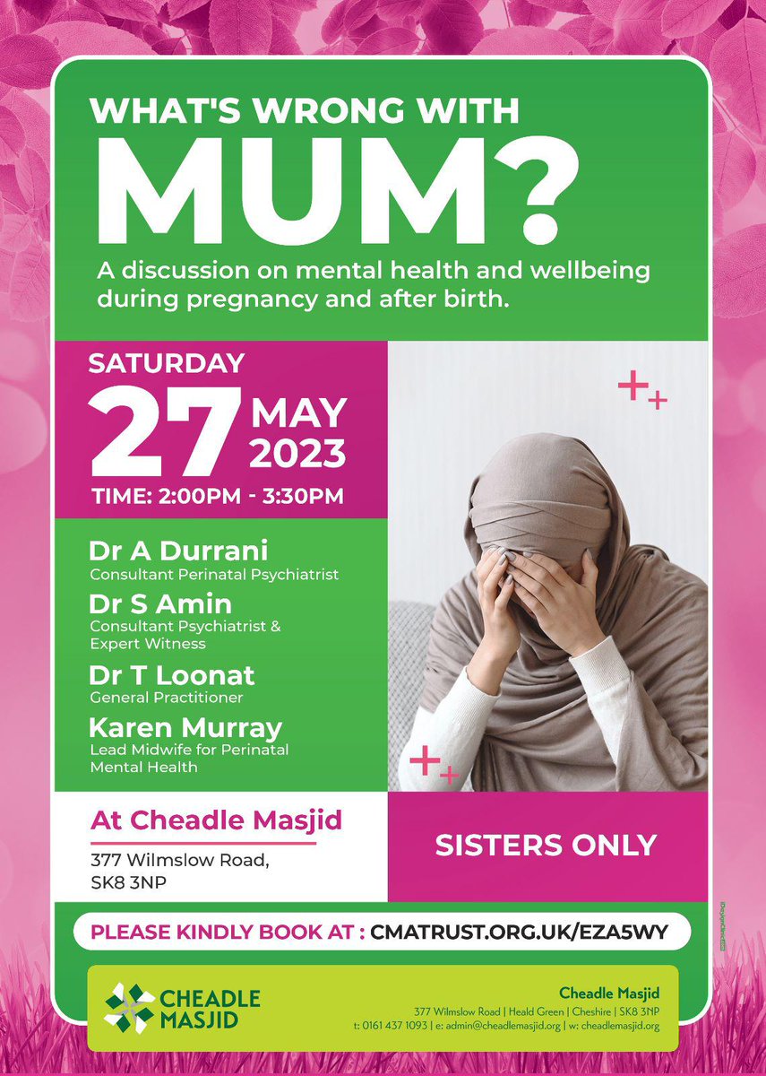 1/2 - Really looking forward to speaking at this community event on maternal #mentalhealth with @karenmurray2001 @DrShazadAmin in Manchester. This free event is a safe space for females at the @CheadleMasjid - with an open event for all in the evening. ➡️ cmatrust.org.uk/eza5wy