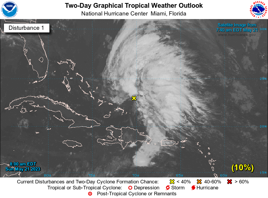 21 May 8AM EDT: NHC is monitoring a large area of disturbed weather in the southwestern Atlantic.  The chance of formation in the next 48 hours is low (🟡10%). For the latest information, please visit hurricanes.gov.