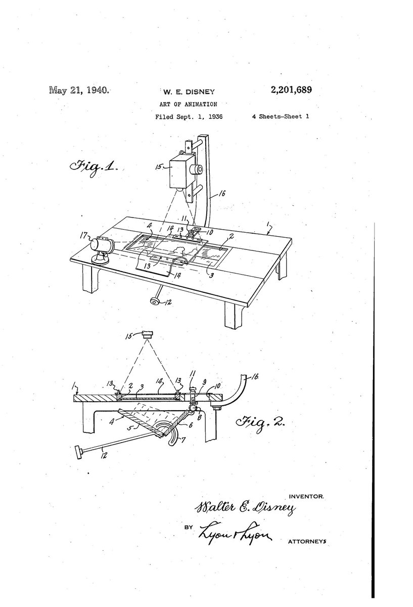 1/2 On this date in #innovation history: Walt Disney receives a #patent in 1940 for his #invention of a new machine for creating animated cartoons, revolutionizing American culture with now-famous cartoons #PatentsMatter #IPMatters @uspto @DisneyAnimation @WaltDisneyCo @Pixar