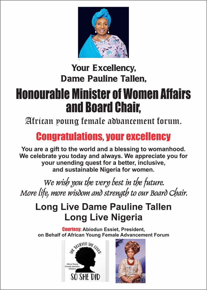 On behalf of.<a href="/FemaleSas/">Africa Young Female Advisers Initiative (AYFAI)</a> I congratulate the chairperson of our Board <a href="/PaulineKTallen/">Dame Pauline K. Tallen OFR, KSG</a> the Minister for Women's Affairs for her successful tenure. We appreciate your unending quest for a better and inclusive #Nigeria. We wish you all the best in the future..<a href="/WRAPANG/">WRAPA Nigeria</a> .<a href="/RinsolaAbiola/">Aderinsola Abiola</a>