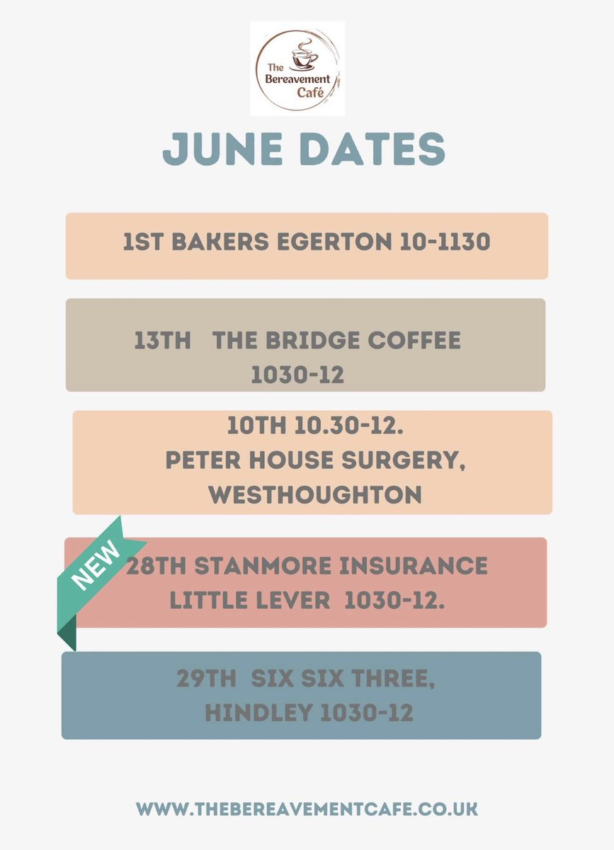 grieflosscafe's tweet photo. June dates now live for anyone struggling with Bereavement &amp; Grief, come along, have a drink, chat &amp; listen to others who are going through similar feelings, it’s a great place to gain support, feel heard, learn of other support in the area &amp; make new connections #Grief https://t.co/WDWXRBa1p6