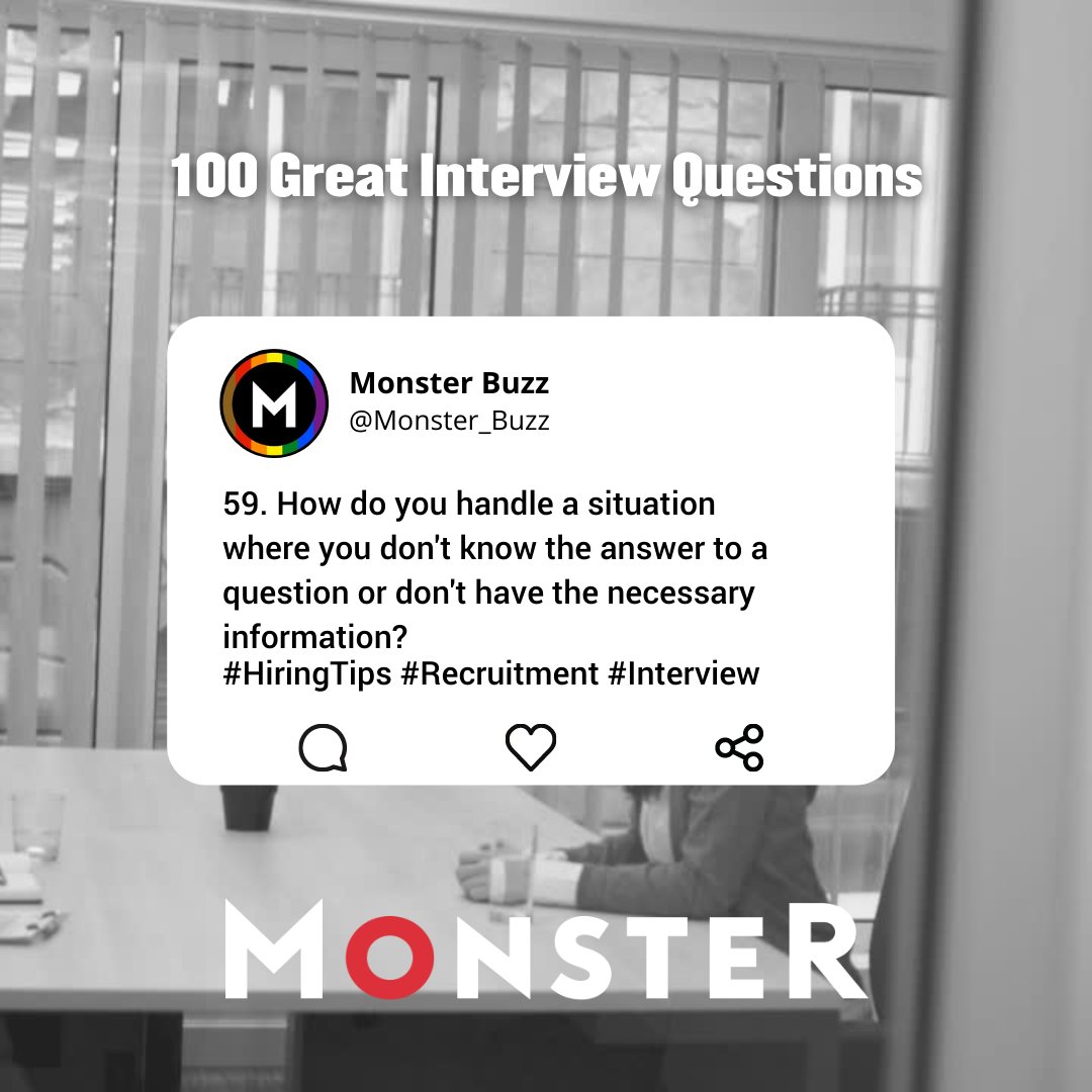 Monster_Buzz's tweet image. 59. How do you handle a situation where you don&apos;t know the answer to a question or don&apos;t have the necessary information? 

Make informed hiring decisions by checking out our guide to interviews

monster.co.uk/advertise-a-jo… #jobinterviewguide #employeeonboarding #hiringpipeline