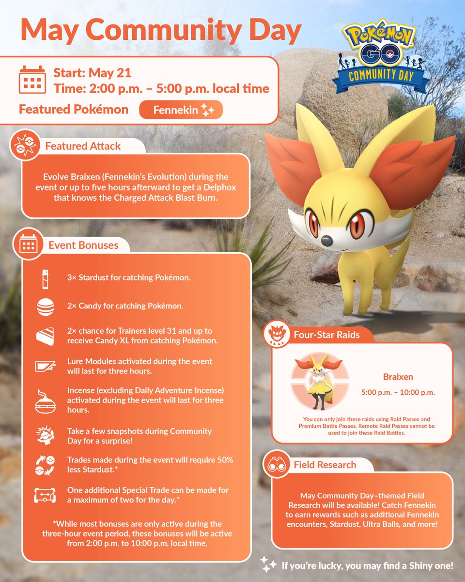 Be careful to no be out-foxed—#PokemonCommunityDay has begun and Fennekin have been spotted around the world!

pokemongolive.com/post/community…