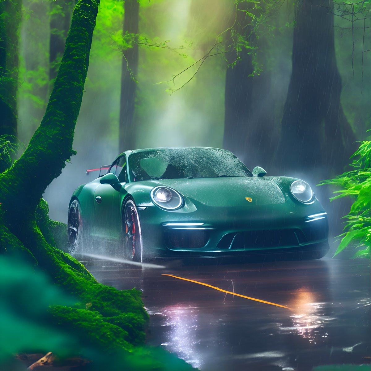 aiBildAgentur's tweet photo. Take a ride with us on this majestic journey through a lush, rainy forest! 🌲🚗💨 With its sleek design and high-performance capabilities, this car is truly a work of art. 🎨 👇#Porsche #RainyForest #Majestic #AIgenerated #AdvancedTechnology #RaceTrack #AutomotiveArt #AICreated https://t.co/HskOZNlCZv