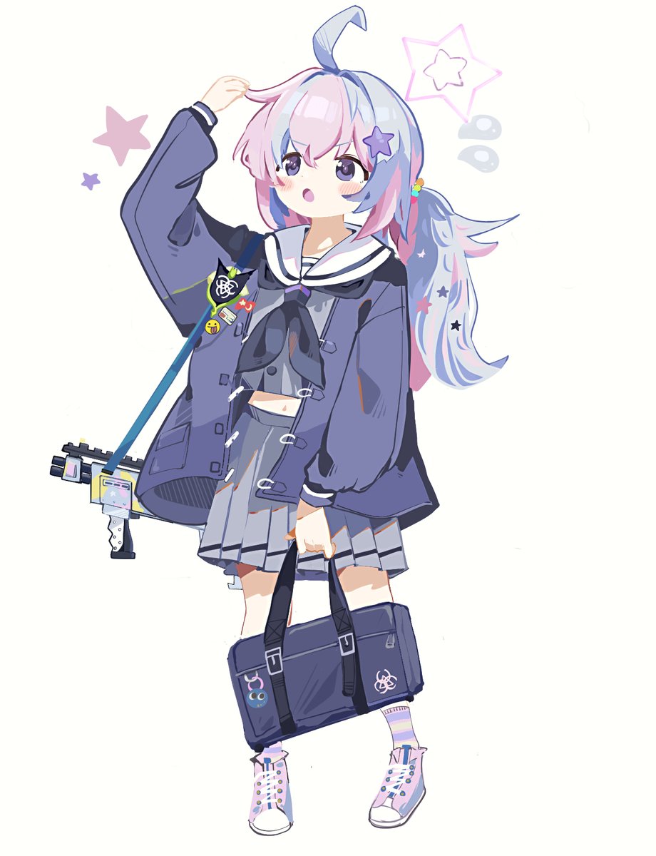 1girl solo weapon star (symbol) skirt school uniform star hair ornament  illustration images