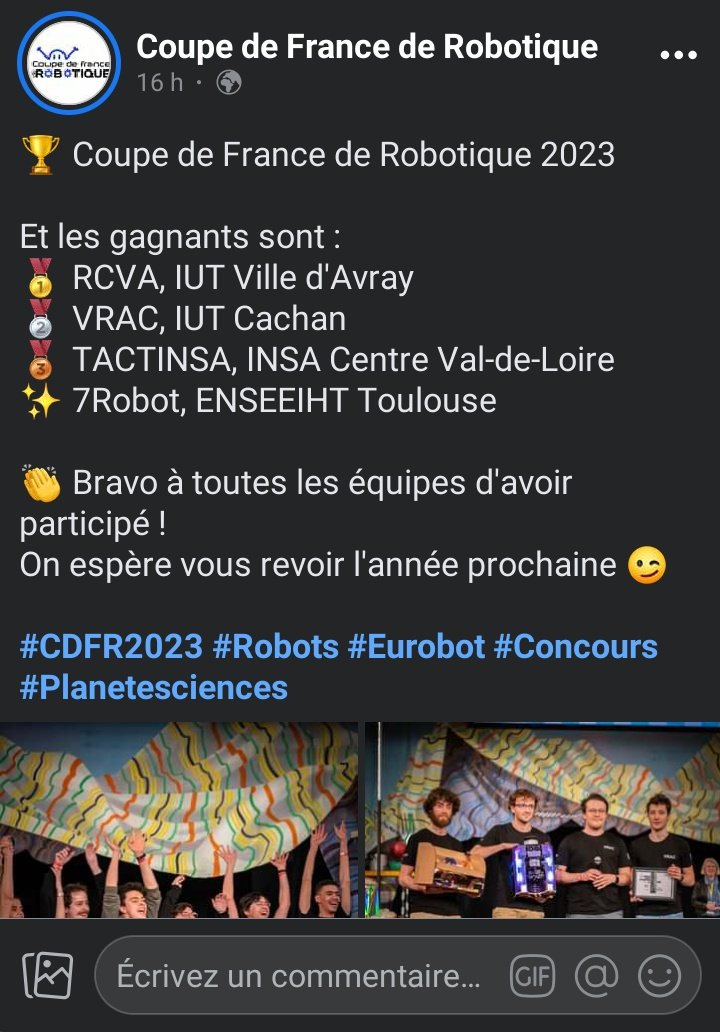 Après plusieurs années, 7Robot reçoit enfin autre chose qu'un avertissement (encore désolé pour la table de 2022) 😉

Merci à la <a href="/CoupeRobotique/">Coupe de France de Robotique</a> pour cette fabuleuse compétition et à <a href="/ELSYSDESIGN/">ELSYS DESIGN</a> pour leur soutien tout au long de l'année !