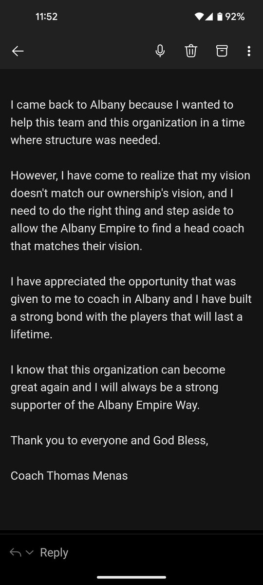 INBOX: Coach Tom Menas is resigning from <a href="/thealbanyempir/">Albany Empire</a> following a 45-point loss to Jacksonville last night. His statement: