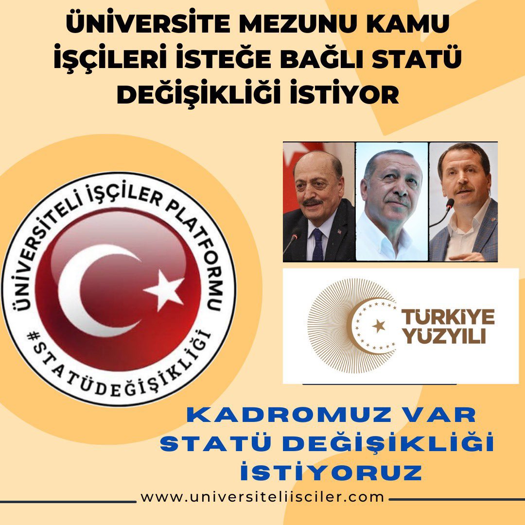 Lisansisci's tweet photo. @ankarakulisi06 @RTErdogan Kamuda, Belediye ve KİT'lerde 4857 sayılı İş Kanununa tabi sürekli işçi statüsünde ki ön lisans, lisans ve yüksek lisans mezunu #Üniversiteliİşçiler in yasal düzenleme ile isteklerine bağlı olarak MEMUR kadrolarına geçirilmesi elzemdir.#Üniversiteliİşçiler
@RTErdogan  @Akparti https://t.co/Rul9PmO3HH