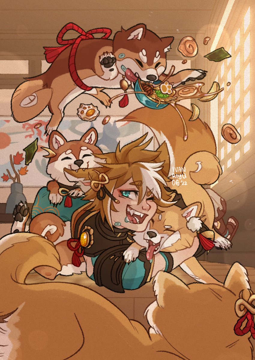 5 good doggies playin’ around #gorou #gorougenshinimpact 

My piece for the @GorouZine 🐾 Leftover Sales will be announced soon XD