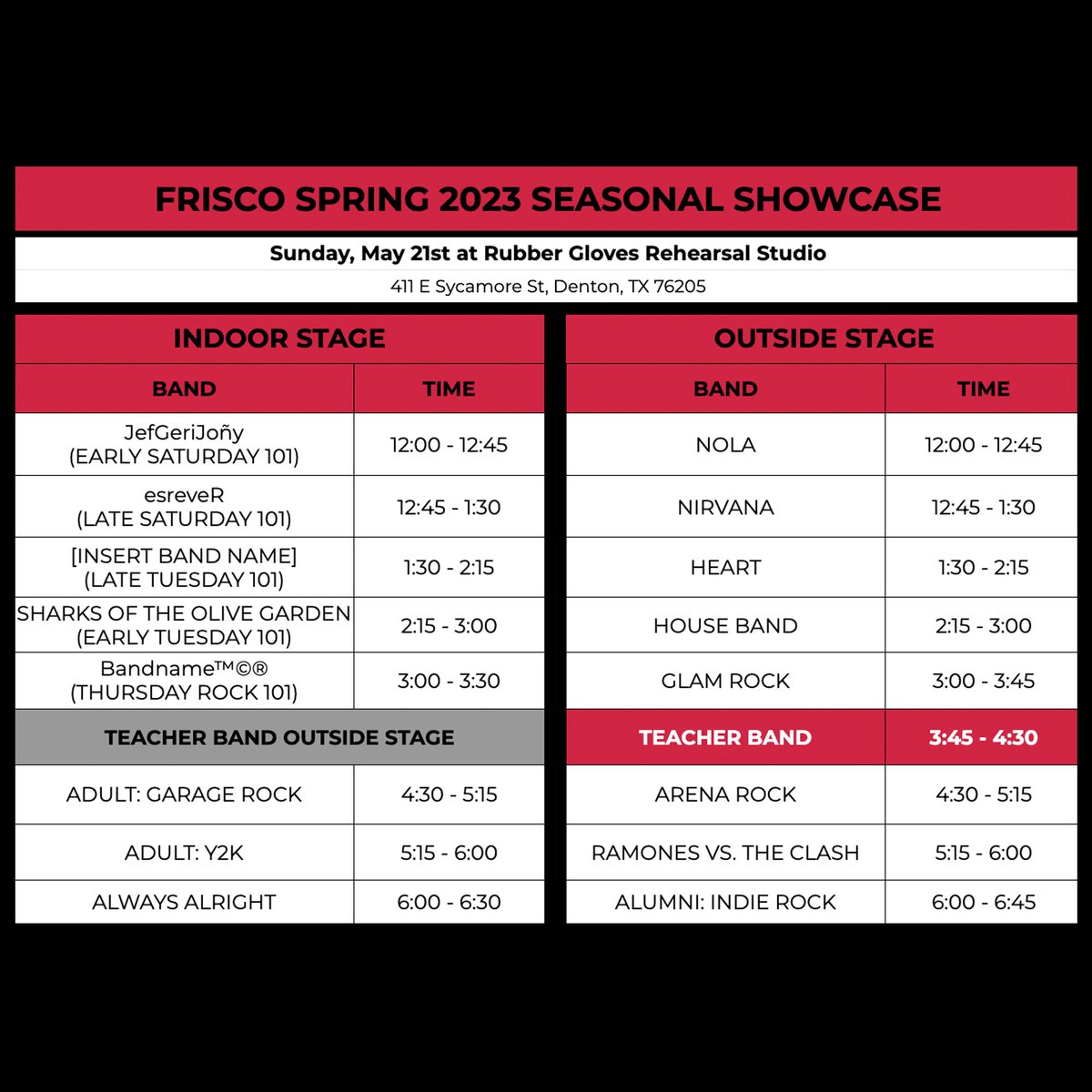 FriscoSoR's tweet photo. Today is the day! Our Spring 2023 Seasonal Showcase is happening RIGHT NOW at Rubber Gloves in Denton! 🤘❤️ Remember to arrive 30 minutes early to your set time, and stick around to support your fellow rockstars 🎸 https://t.co/uCb3o4dcyn