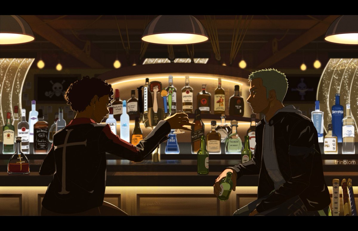 Drinking buddies 🍻 Tori and Zoro

Another #OceansEleven study except everything is different and the only things I kept are the core shot composition and lighting 🥃  

How many OP references and parodies can you find? 👀

#onepiece #roronoazoro