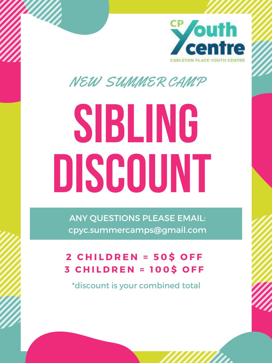 CarletonPlaceYC's tweet image. New sibling discount for Summer Camps! Registration is now open! For any questions please email us at: CPYC.SummerCamps@gmail.com
Ages 8-12 Years | $45 per day | Extra fee will apply for special days.
Info, Register, Contact: cpyouthcentre.org/summer-camp