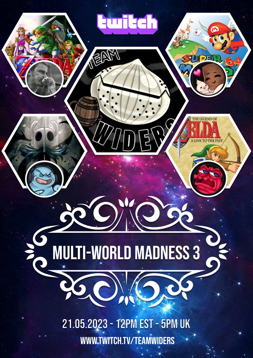 We are live gain with the multi-world madness event!
This time showcasing;

@PYBtwitch - SM64
<a href="/hornedpegasus/">Pogasus</a> - OoT
<a href="/Sarah88_Gaming/">Sarah88_66_Gaming 🏳️‍🌈</a> - HK
<a href="/HauntedKetchup/">HauntedKetchup</a> - ALttP

Live NOW at: twitch.tv/teamwiders