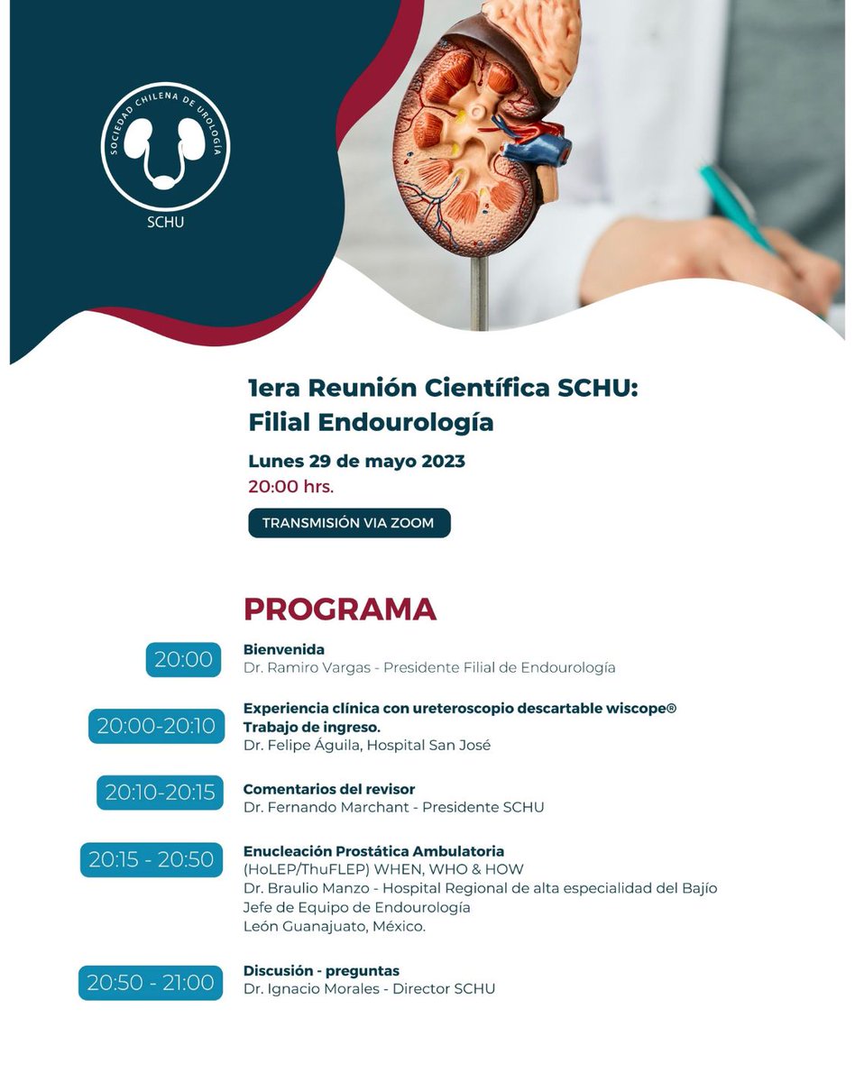 1era Reunion Cientifica SCHU: Filial Endourologia 
🗓️Lunes 29/05/2023 20:00hrs. 
📷 Transmision Via Zoom  

- Dr.<a href="/faguilab/">Felipe Aguila</a> :  "Experiencia clinica con ureteroscopio descartable wiscope" 
- Dr.<a href="/urobraulio/">MD Braulio O. Manzo</a> : "Enucleacion prostatica ambulatoria"  

Los esperamos!
#endourologia