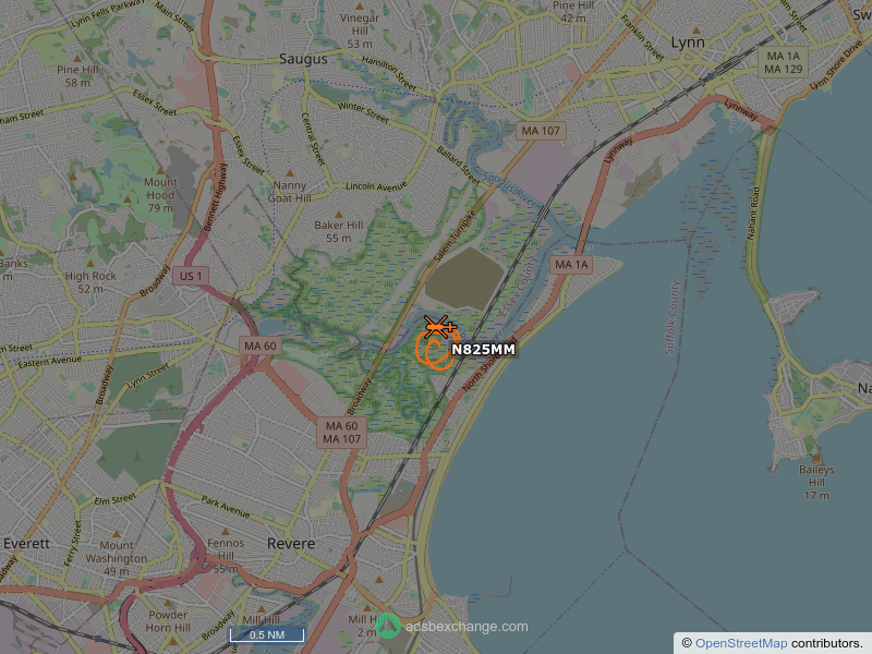 N825MM, a Eurocopter EC135-T2+, is circling over Revere at 450 feet, speed 16 MPH, squawking 0325, 0.5 miles from Sea Plane Basin globe.adsbexchange.com/?icao=ab448d&z…