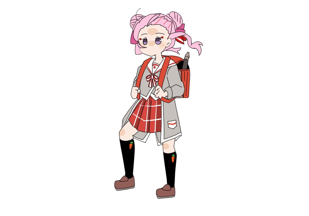 1girl solo pink hair skirt double bun school uniform red skirt  illustration images