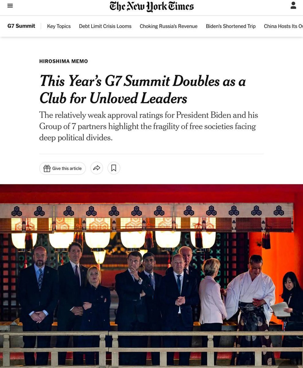 SprinterPress's tweet photo. Summit of Losers...

The New York Times emphasizes that, according to polls, none of the politicians present at the summit has the support of the majority of the inhabitants of their country:

🇮🇹 George Meloni - 49%;
🇺🇸 Joe Biden - 42%;
🇨🇦 Justin Trudeau - 39%;
🇩🇪 Olaf Scholz - 34%;
🇬🇧 Rishi Sunak - 33%;
🇯🇵 Fumio Kishida - 31%;
🇫🇷 Emmanuel Macron - 25%!

It turns out that those who are trying to decide the fate of the world and establish rules for the entire planet do not have the support of ordinary people at all and, accordingly, the moral rights to establish rules for the majority.