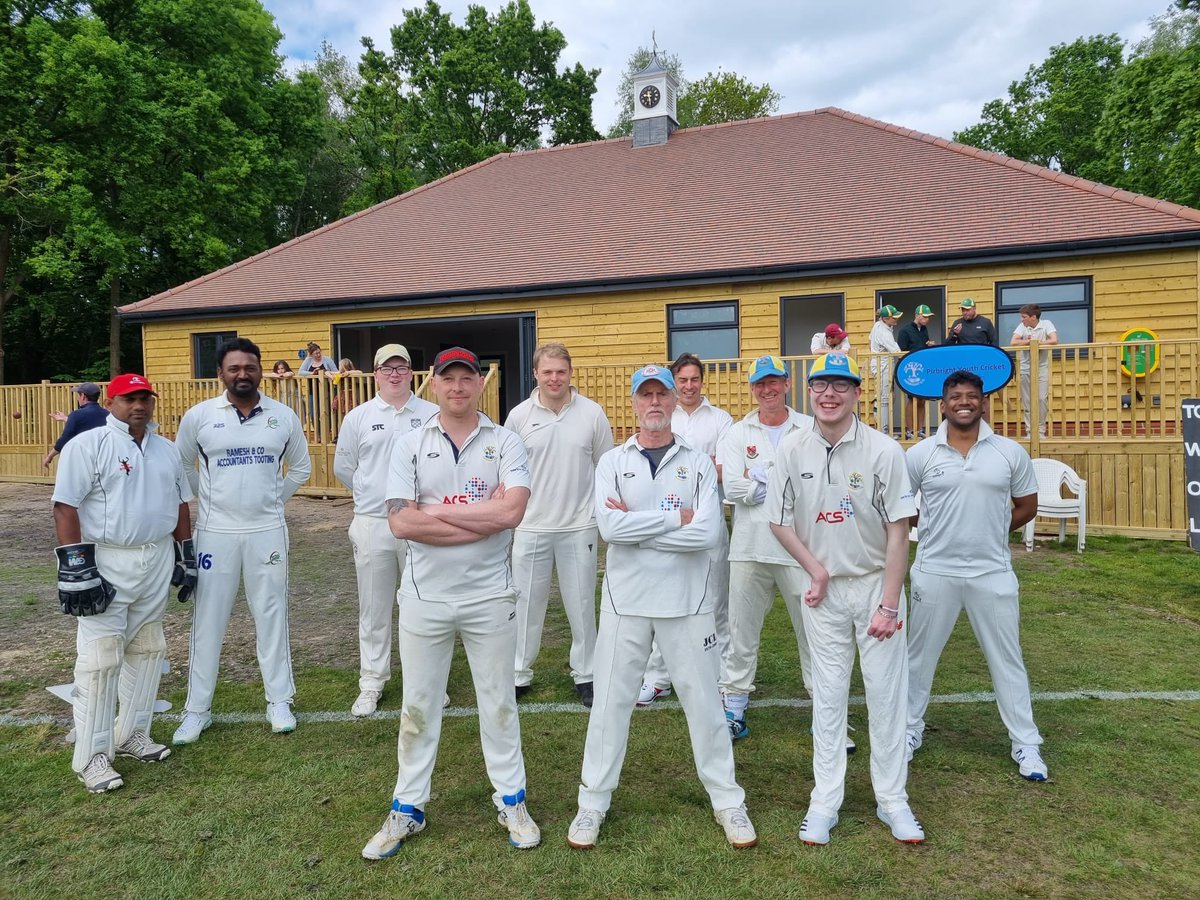 PirbrightCC's tweet photo. First adult men's game at home with the new Sports Pavilion at Pirbright with the team about to take the field against Grayswood CC Sunday XI. Thanks again to our Sponsor Advanced Control Systems https://t.co/WeANwCKnFq