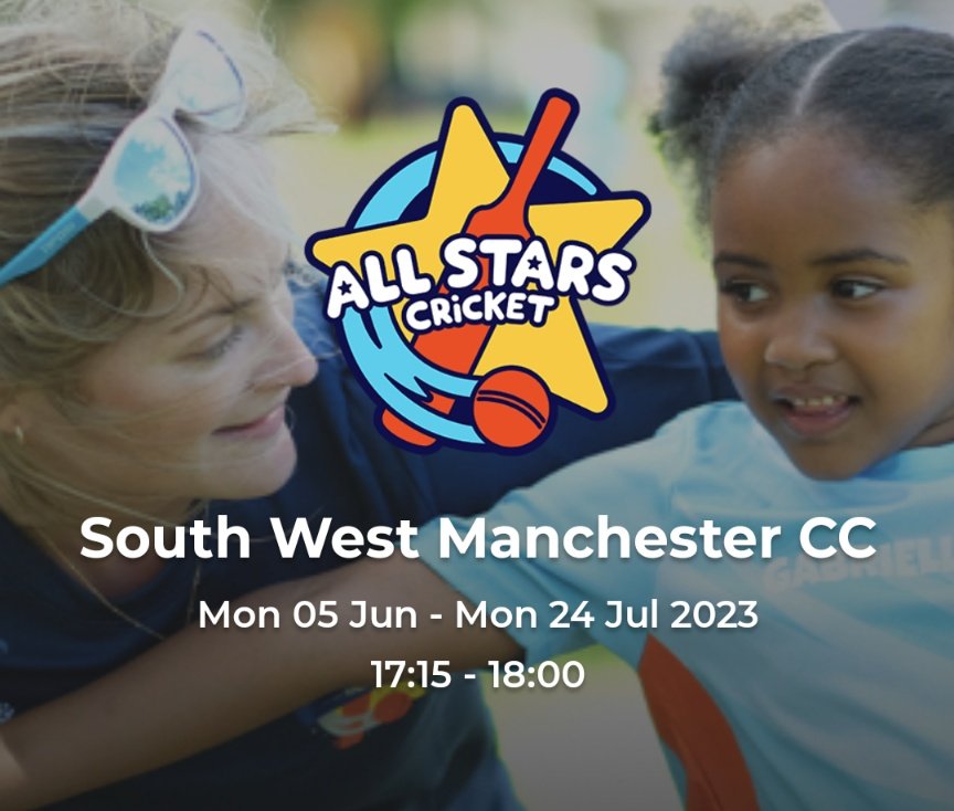 Just a little over two weeks until our @ECB_cricket #AllStars sessions begin at @SouthWestMcrCC 

8 weeks of action packed, non stop fun for 5 to 8 year olds

Sign up your little cricketers here...
ecb.clubspark.uk/AllStars/Cours…

#Chorlton #SouthManchester #JuniorCricket #AllStars