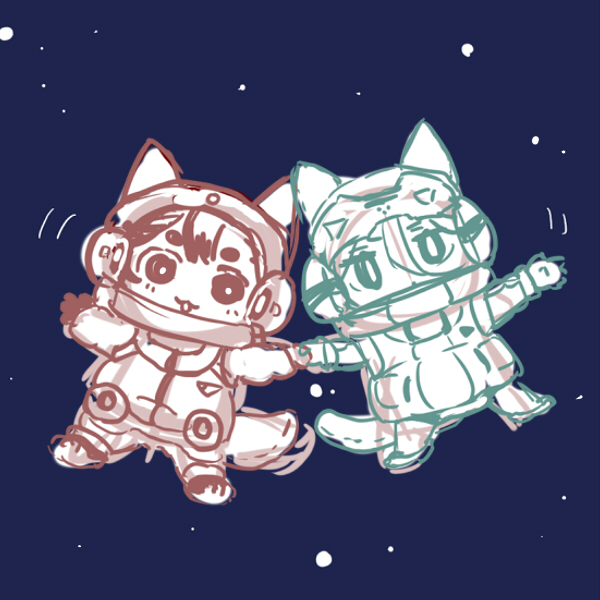 multiple girls 2girls holding hands spacesuit space animal ears monochrome  illustration images