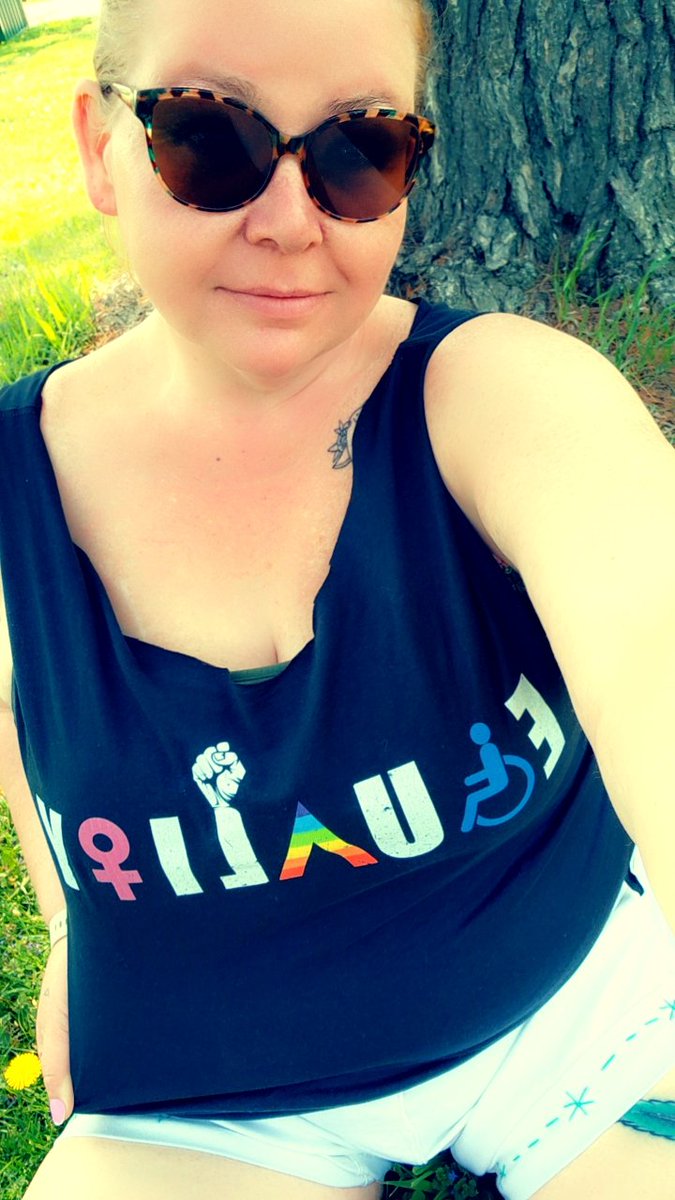 Enjoying the beautiful weather, touching some grass, watching the kids play, in mybcute new shirt 💜
#momlife
#TransLivesMatter 
#TransRightsAreHumanRights 
#DisabledRights 
#Pride2023