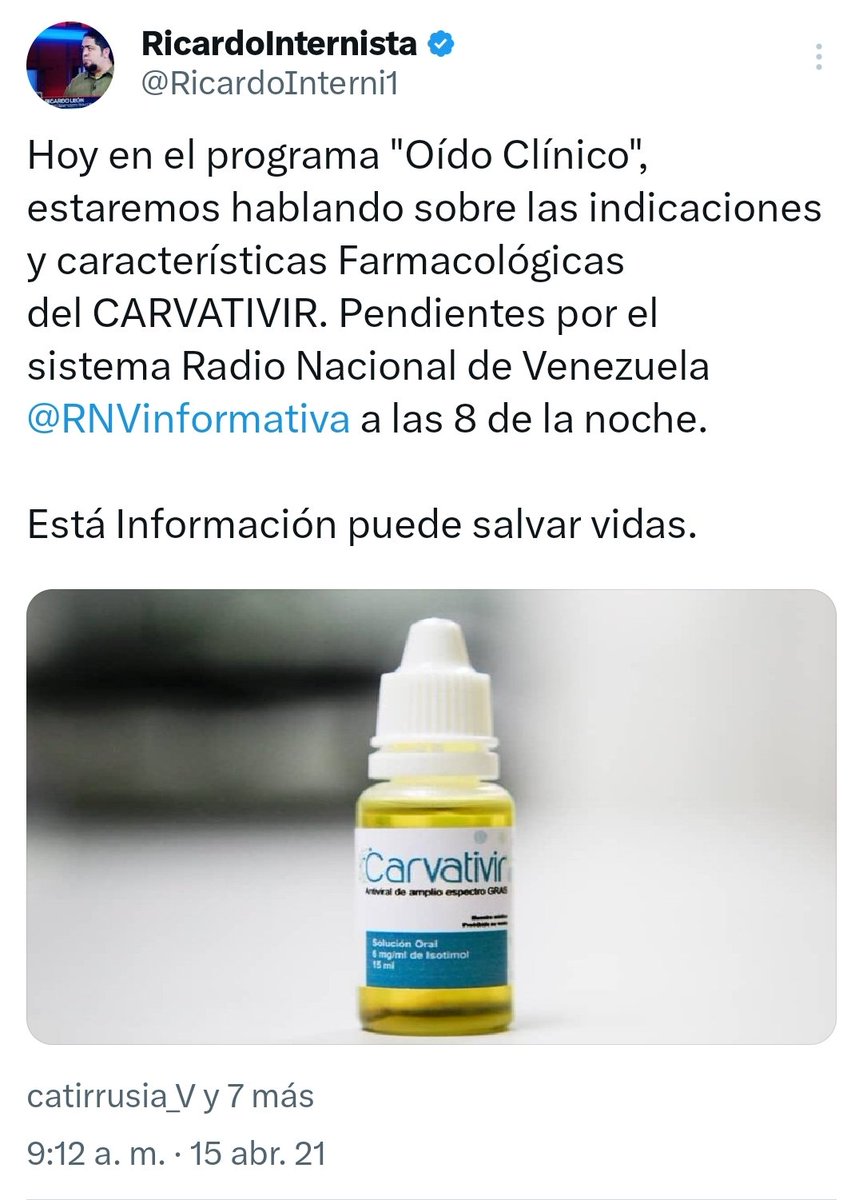En "Oído Clínico" siempre hemos dado seguimiento informativo a los avances de los estudios del "Carvativir", hoy cuando sale a luz estudios sobre la potencia terapéutica contra el cáncer, podemos decir que no estuvimos equivocados al aseverar que este fármaco venezolano es una