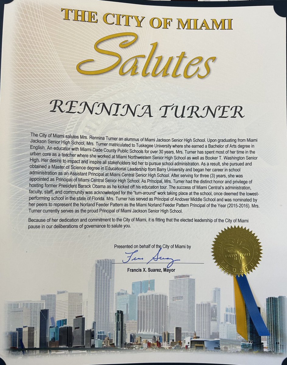 A deserving honor … The City of Miami salutes our ⁦<a href="/MJSeniorHigh/">Miami Jackson Senior High</a>⁩ Principal ⁦<a href="/RenninaT/">Rennina Turner</a>⁩ for her dedication and commitment to the City of Miami community … #CONGRATULATIONS ⁦<a href="/MDCPS/">Miami-Dade Schools</a>⁩ ⁦<a href="/MDCPSCentral/">Central Region</a>⁩ ⁦<a href="/MDCPSETO/">M-DCPS ETO</a>⁩