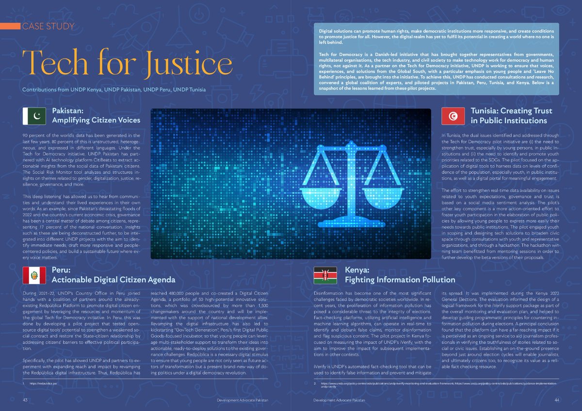 In our latest DAP on #JusticeForAll, UNDP Country Offices, @PNUDperu, @UNDPKenya, @UNDPinTunisia & @UNDP_Pakistan detail how they are leaveraging Tech for Justice, to amplify citizen voices, fight misinformation & create trust in institutions: bit.ly/429bogs