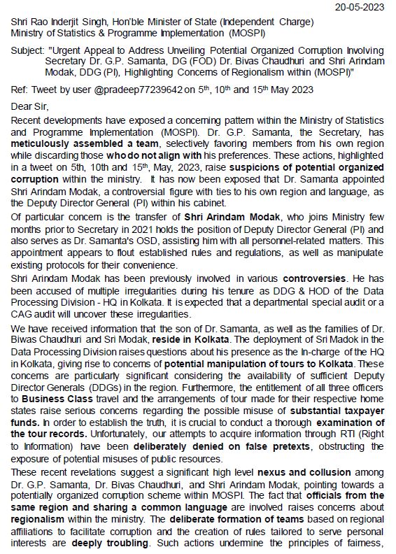 pradeep77239642's tweet photo. "Urgent Appeal to Address Unveiling Potential Organized Corruption Involving Secretary Dr. G.P. Samanta, DG (FOD) Dr. Bivas Chaudhuri and Shri Arindam Modak, DDG (PI), Highlighting Concerns of Regionalism within (MOSPI)" https://t.co/2dvpt00Bys