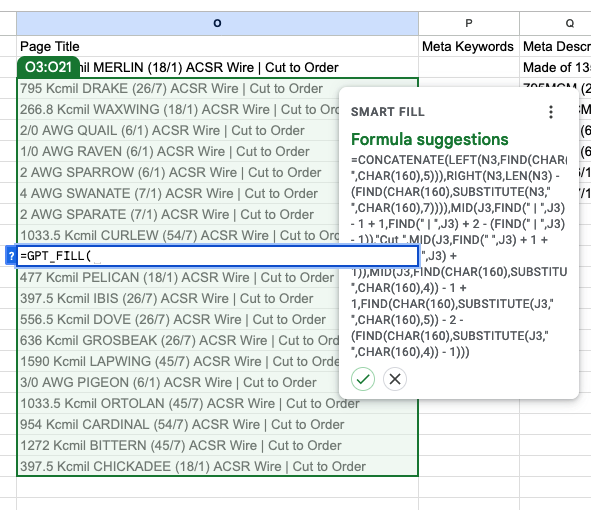 MikeSobol's tweet photo. When two AIs fight inside one spreadsheet.

GPT for Sheets has been killer, but the API really limits how many fields I can fill at once. Here, Google jumped in and offered to smart fill what GPT was struggling to do. #AI #GPT https://t.co/psZgdQsfRF