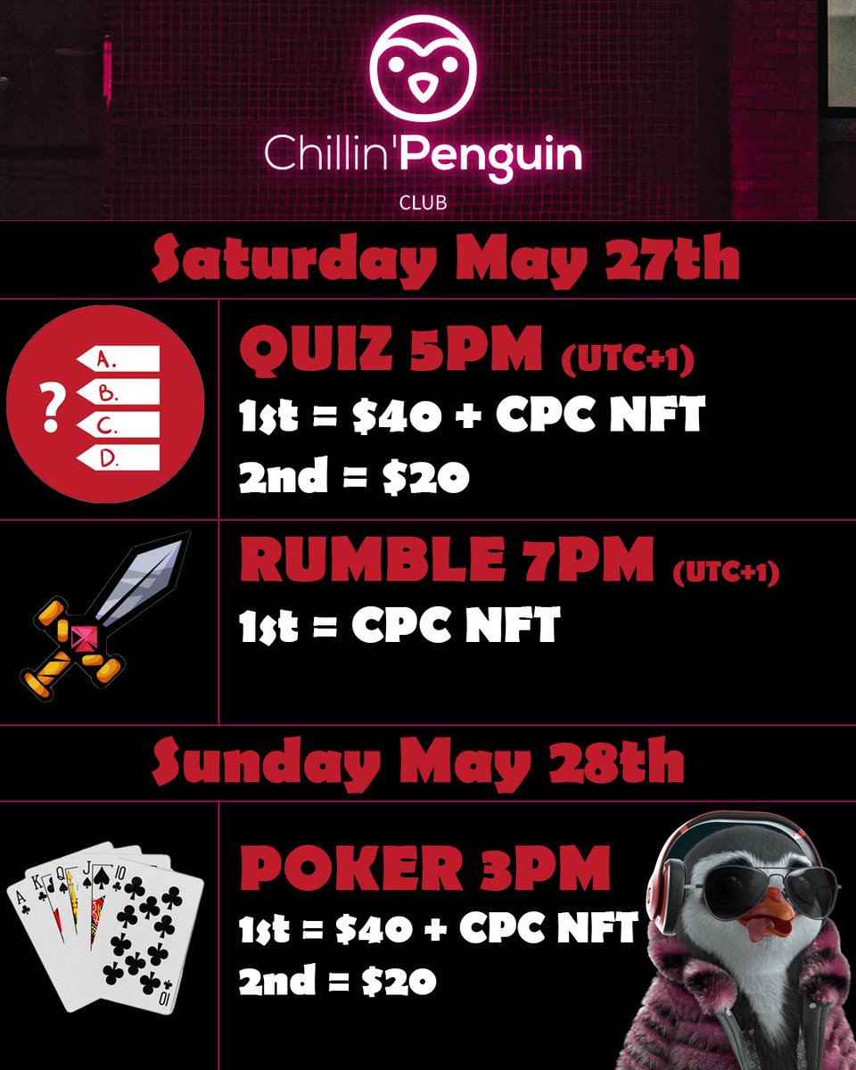 THE CPC HOSTS MONTHLY GAMES OPEN TO ALL! (+GAMES FOR HOLDERS ONLY)

$50 GIVEAWAY (USDT) TO 1 LUCKY PERSON THAT: FOLLOWS + LIKES + RTS + TAGS FRIENDS. GOOD LUCK ALL! discord.gg/metapenguinisl… #CPC #CHILLINPENGUINCLUB #NFTCommunity #NFTGiveaway #NFTPoker #Poker #CashPrizes #Quiz