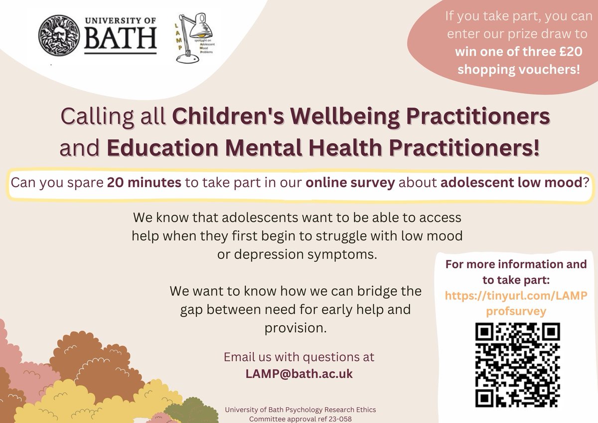 Calling all Children's Wellbeing Practitioners and Education Mental Health Practitioners! Can you spare 20 minutes to take part in an online survey about adolescent low mood? For more information and to take part: tinyurl.com/LAMPprofsurvey