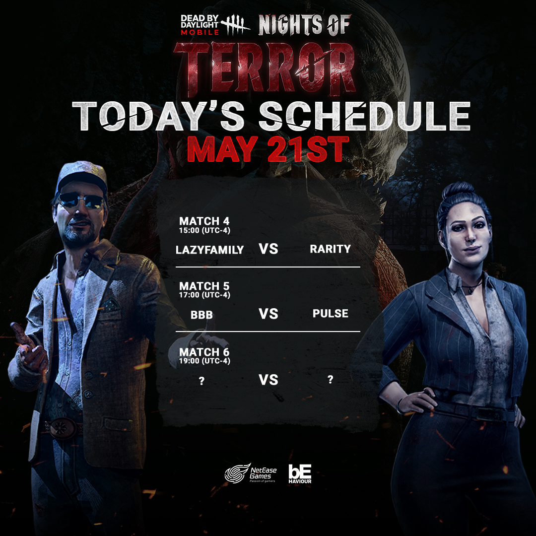 DbDMobile's tweet photo. Here's today's match schedule. These teams sure are heating up ๐ฅ
Support them live at 15:00 (UTC-4)!
Youtube: https://t.co/xNlUhAe0bE
Facebook: https://t.co/luEcKvzTAk
Twitch: https://t.co/D8uzAdXQOq
#DeadbyDaylightMobile #DbDMNightsofTerror https://t.co/CLpXlSHh4K