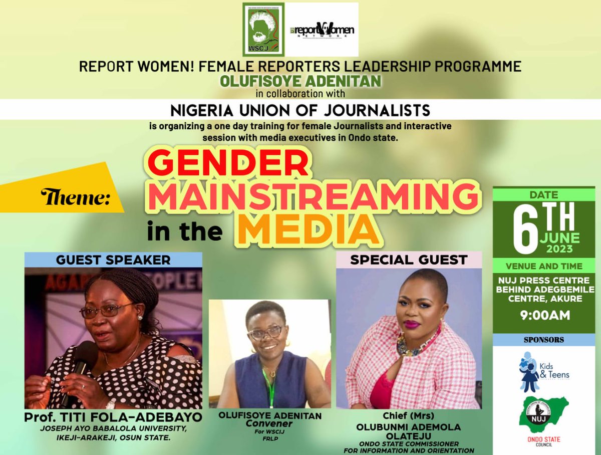 It is important for female Journalists to be intentional about  Mainstreaming  gender in the news& Newsrooms  to give women more voices,Join me in Akure for this training scheduled for 6th June 2023.@WSoyinkaCentre 
@Ogechukwuabiago 
@OladunjoyeBles1 
@abiolaak 
@Roundshaddy