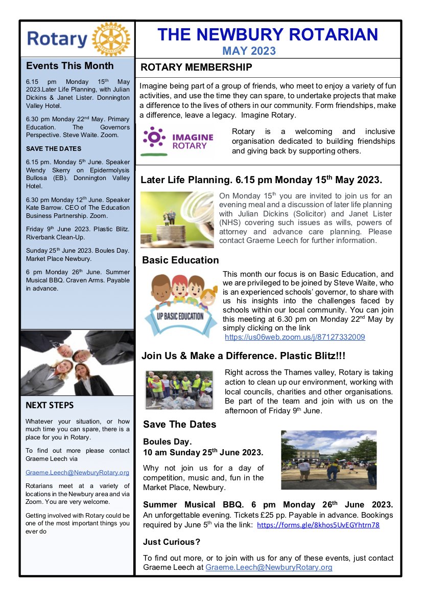 Here's what we've been up to in May'23. If you like what you see, and you'd like to be part of it, our contact details are in 'Next Steps'.

BTW, in case you think that Rotary is only for men, around a quarter of our membership are women in all levels of leadership.