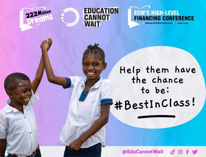 There is no dream more powerful than that of an #education!

Join us in helping crisis-affected girls &boys achieve their #222MillionDreams✨📚!

Help them have the chance to be #BestInClass!
Their #EducationCannotWait!

👉educationcannotwait.org/donate
@un @dfat @afd_en #FundEducation