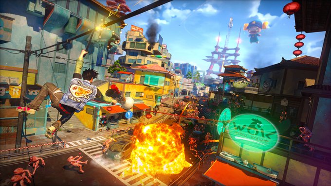 Image from Sunset overdrive. The Protagonist is hanging from a power line firing at OD enemies below him.