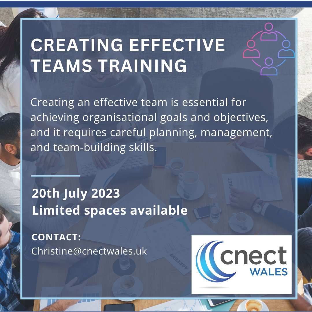 Managing people effectively in teams can be challenging – it requires leadership, as well as facilitating team working, selecting the right people and managing conflict. More info: cnectwales.uk/creating-effec… #effectiveteams #teamwork #managingteams #peoplemanagement