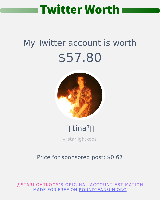 starIightkoos's tweet photo. My Twitter worth is: $57.80

➡️ https://t.co/bnvuGSPKEl https://t.co/6TFRdqMyVx