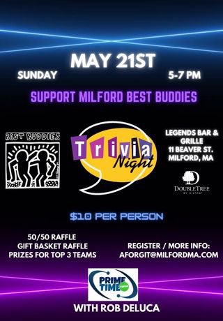Stop by Legends TODAY from 5-7 for a great afternoon game of Trivia! All proceeds go to our local Best Buddies chapter! #ChoosetoInclude #InclusionRevolution #trivia #BestBuddies @MilfordSchools @BestBuddiesMARI @SpOlympicsMA