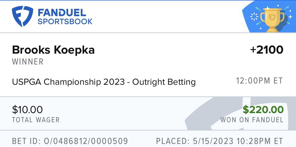 Make that three straight wins on the #PGATour!

 - Wyndham Clark (+6000) at the Wells Fargo
 - Jason Day (+2200) at the AT&T Byron Nelson
  - Now Brooks Koepka (+2100) at the #PGAChampionship

Now, we’re onto the Charles Schwab!

#PGAChamp #PGAChamp2023 #PGAChampionship2023