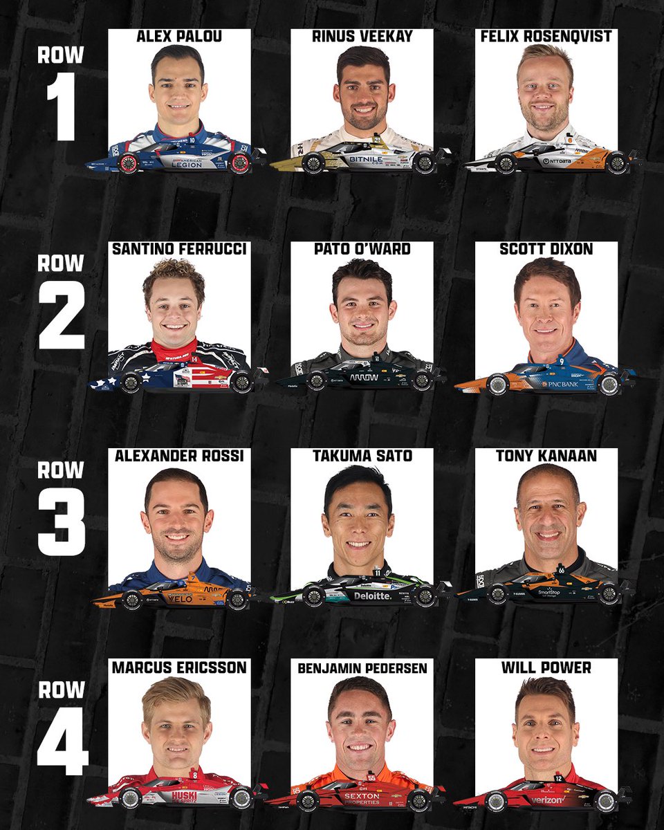 IndyCaronNBC's tweet photo. The starting lineup for the 107th #Indy500!

Tune in Sunday at 11a ET on @nbc and @peacock. https://t.co/eK68quF7gC
