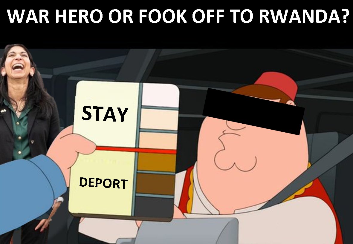 MittensOff's tweet photo. Afghan hero who served with Brits faces Rwanda deportation.
Tory decision-making process revealed.
#ToriesOut318 #Rwanda https://t.co/rv6huK4uvX