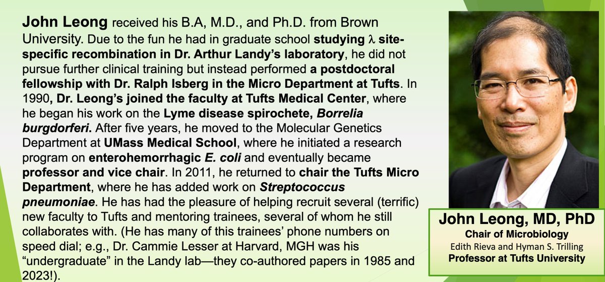 Today let's celebrate Dr. John Leong - Tufts Dept of Microbiology Chair and @TuftsLyme rockstar🎸! His research program is classic NE/Boston bacteriology: working on Bb spiros 🕷️EHEC🥬 & Spn🫁 w/a host-microbe view + w/that @IsbergRalph postdoc training we love at BBM! #AAPIHM