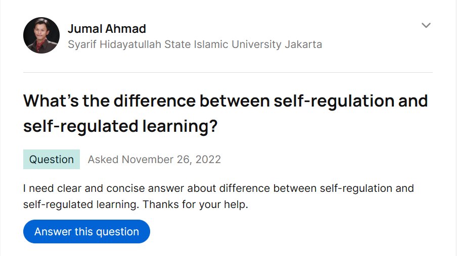 What's the difference between self-regulation and self-regulated learning?

researchgate.net/post/Whats_the…

#selfregulation
#selfregulatedlearning
#SRL