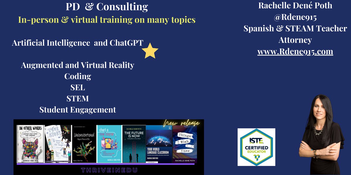 Rdene915's tweet photo. Welcome to #formativechat! I'm Rachelle, the host of the chat. Spanish & STEAM teacher, author, consultant, & attorney. Always looking for more opportunities to connect with educators, and provide PD & coaching! #education #edtech #SEL #AI #chatgpt #STEM #Aied #aiedutech https://t.co/RSZBjttAWg
