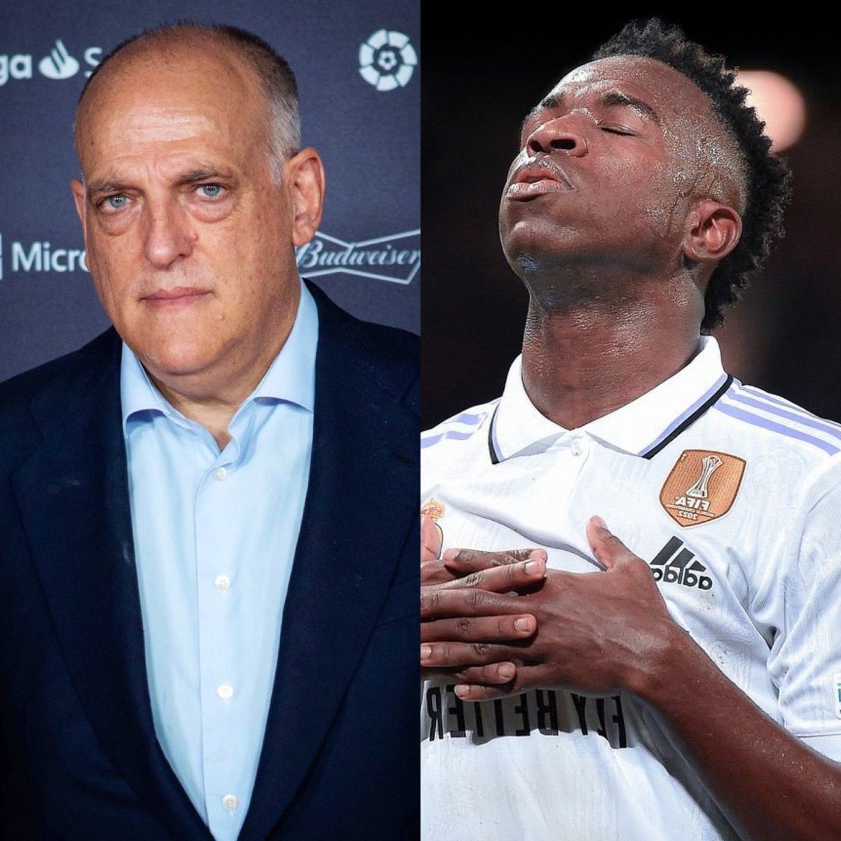 choquei's tweet photo. 🚨AGORA: Após Javier Tebas, presidente da La Liga, atacar Vini Jr., o jogador brasileiro respondeu: 

“Mais uma vez, em vez de criticar racistas, o presidente aparece para me atacar. Omitir-se só faz com que você se iguale a racistas. Não sou seu amigo para conversar sobre racismo. Quero ações e punições. Hashtag não me comove”.