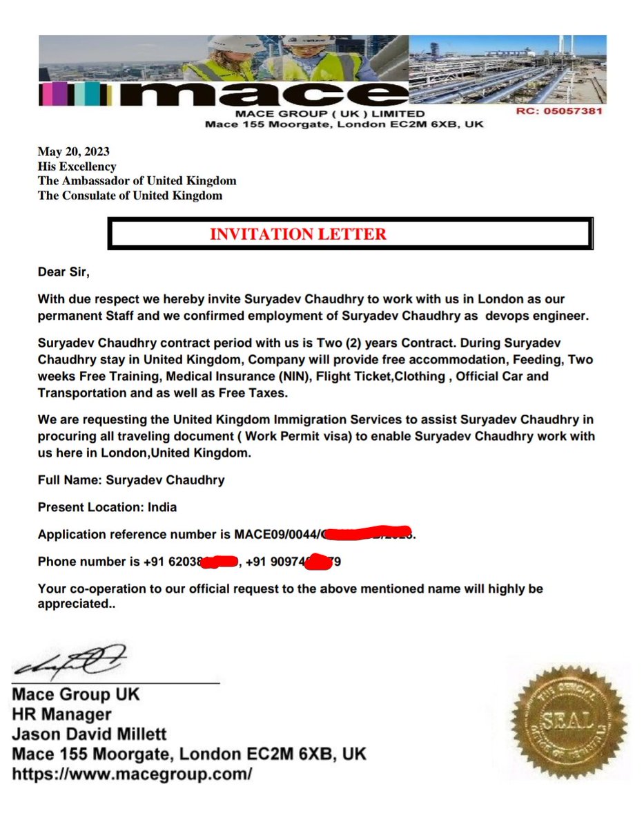 Hi 
I received a INVITATION LETTER from #macegroup for Devops Engineer for UK(London) location
But I am getting daubt after saw there all process .
please help me to confirm this. @MaceGroup @privatejobs